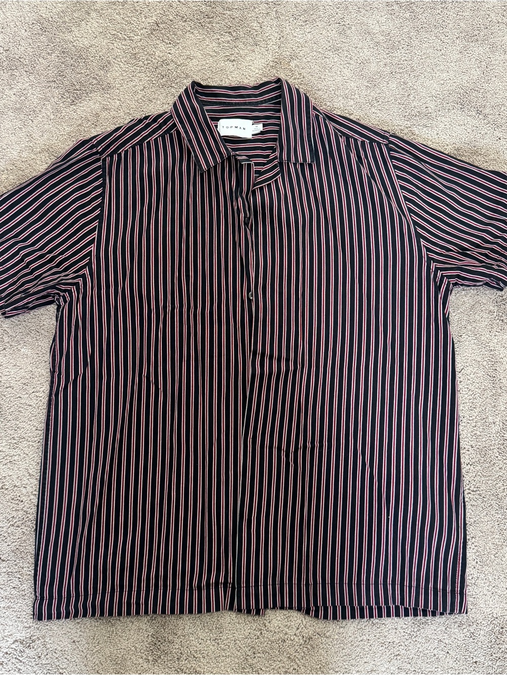 Topman Black Short-Sleeve Button-Down Shirt with Red Stripes